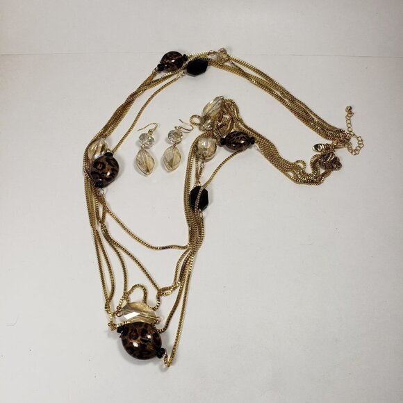 Layered Beaded Gold tone Long Necklace W/ matching Earrings - Women Jewelry - Picture 6 of 11